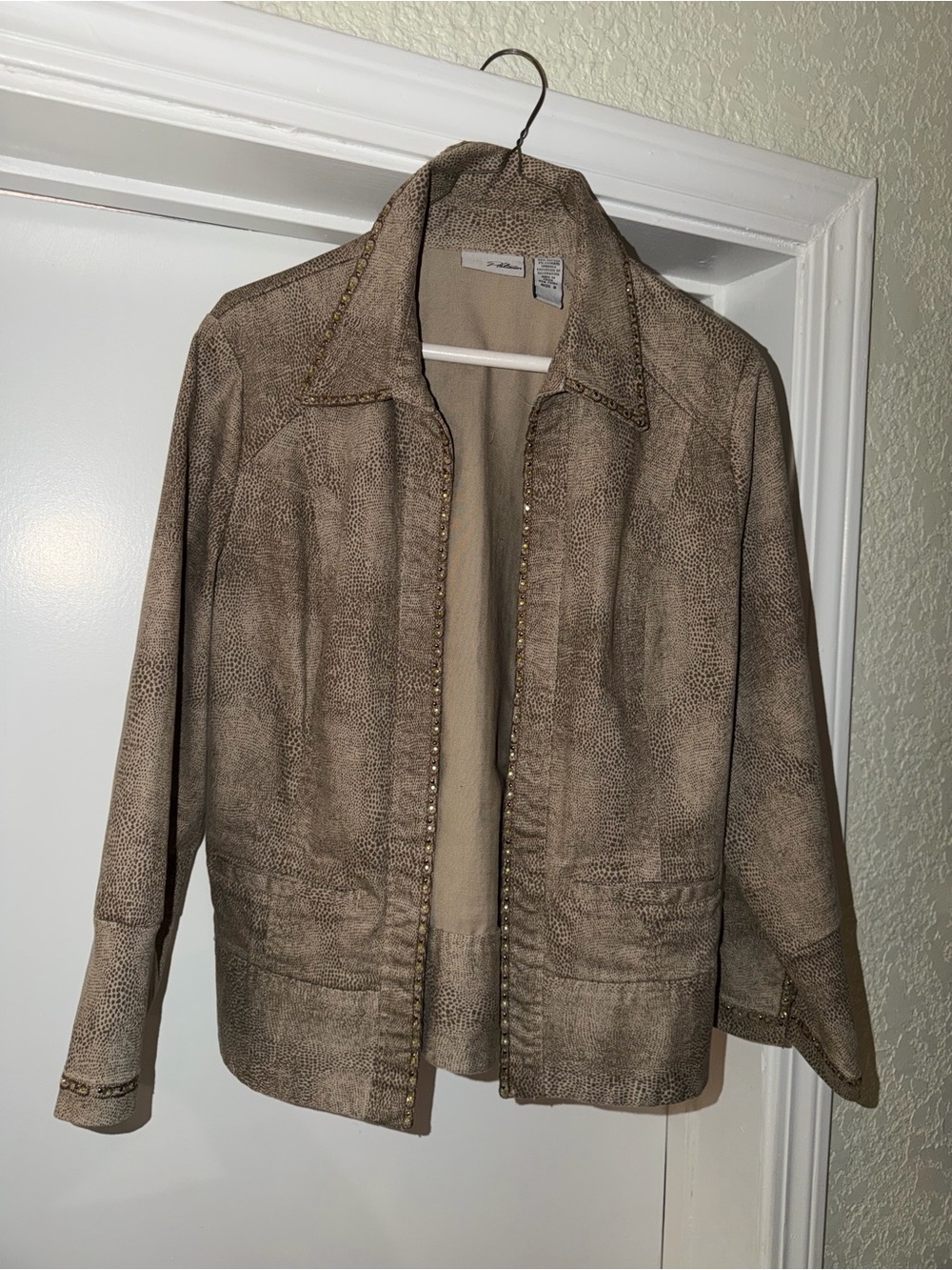 Women's Taupe Faux-Suede Open-Front Jacket with Stud Trim